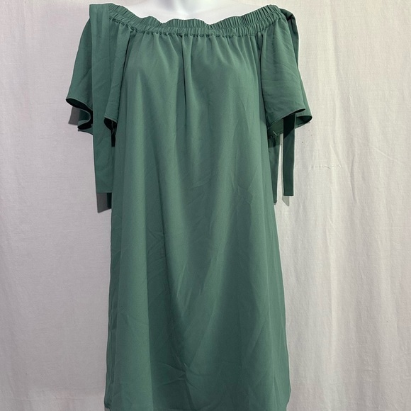 Naked Zebra off shoulder green shift dress w/ tie accent sleeves, size S - Picture 2 of 4